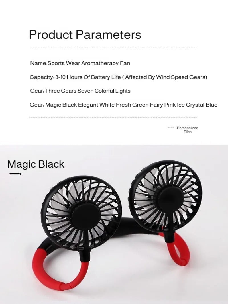 Wearable Rechargeable Dual Fan with LED Light & 3-Speed Control