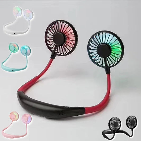 Wearable Rechargeable Dual Fan with LED Light & 3-Speed Control